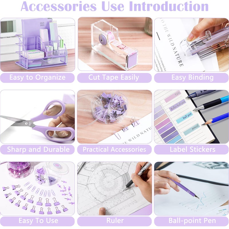 Scindaly Purple Desk Organizers and Accessories  Purple Office Supplies with Mesh Desk Organizer  Acrylic Tape Dispenser and Stapler  Staples  Ballpoint Pen  Clips Set  Ruler  Scissor  Sticky Labels - Image 4